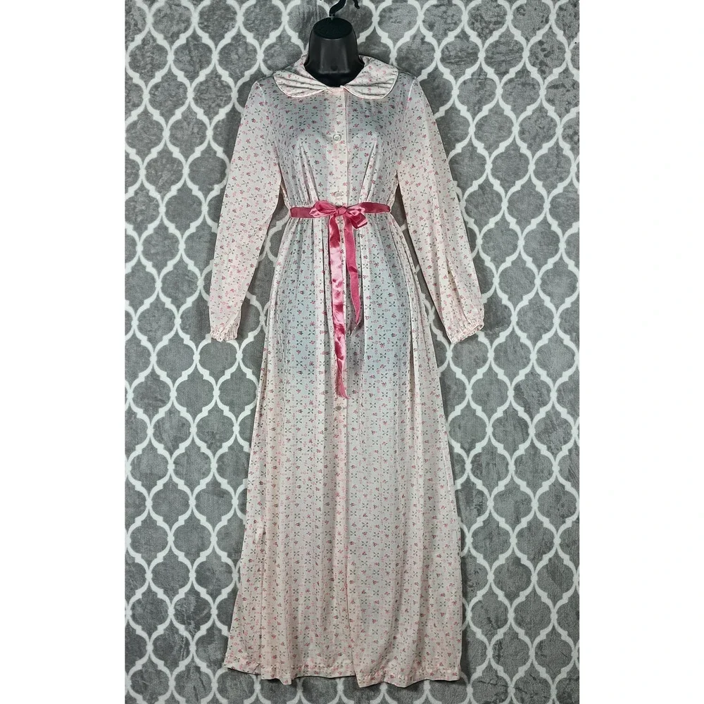 Jeri Morton Lingerie Nightgown Women Medium Pink Floral Long Sleeve Vintage 60s - Picture 2 of 14